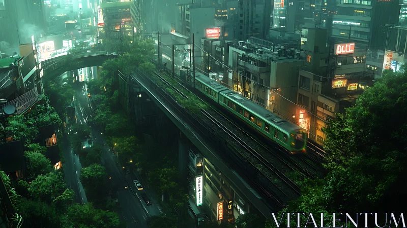 Rainy city train gliding through neon lights and soft greenery.
