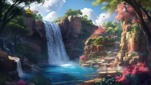 Waterfall daydream lagoon under storybook spring skies.