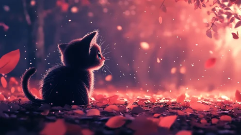 Kitten in Crimson Bokeh: Solitary Moment at Dusk.