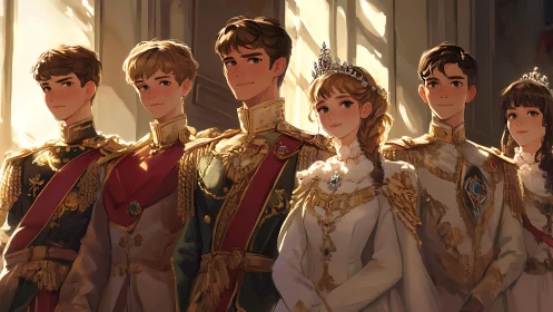 Group portrait depicts six royals in formal ceremonial attire