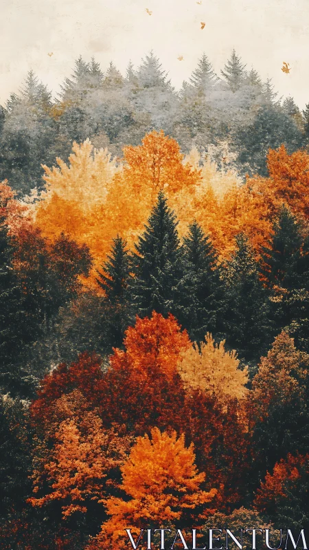 Autumn forest landscape with deciduous and coniferous trees