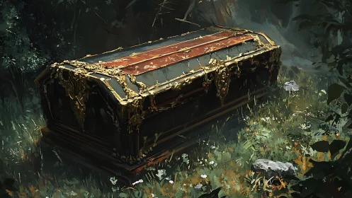 Ornate stone sarcophagus lying abandoned in forest clearing.