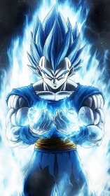 Blue haired warrior with glowing energy aura in focus.