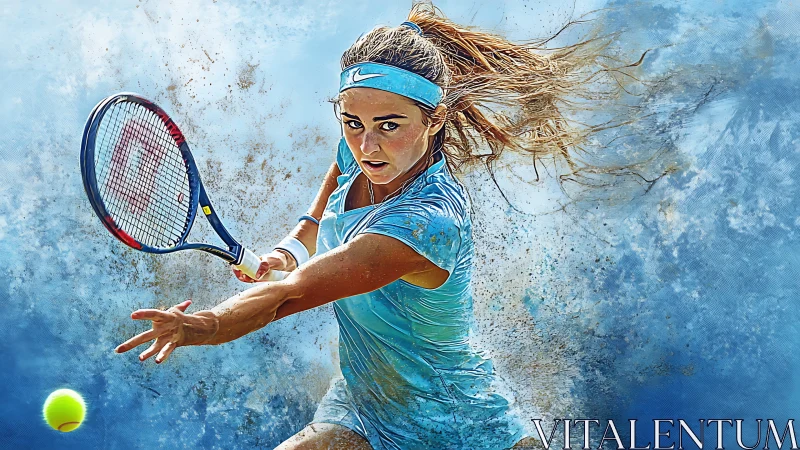 Dynamic female tennis player strikes powerful forehand shot