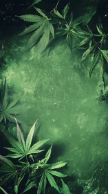 Cannabis leaves framing textured emerald haze background.