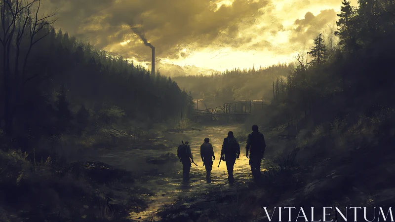 Four figures crossing shallow river toward distant bridge.