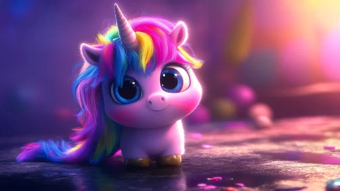 Bright-eyed baby unicorn glows in soft rainbow starlight