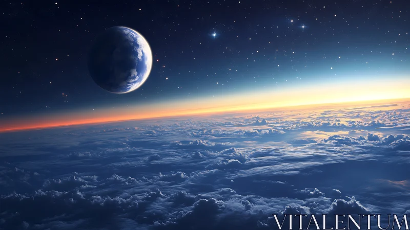 Quiet blue planet watching sunrise over cloud seas in space.