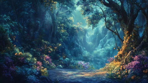 Luminous Forest Canyon with Cascading Light.