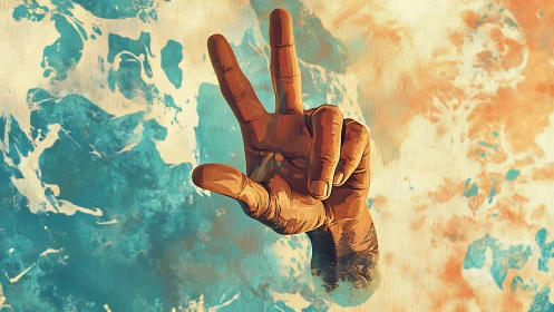 Stylized hand gesture intersects dual-toned abstract field