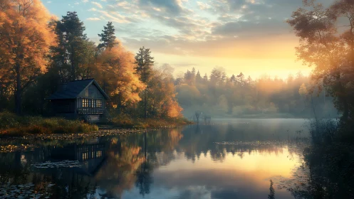 Lakeside cabin rests in golden autumn mist at sunrise