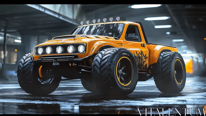 Monster-tired orange pickup prowls a slick neon-lit garage