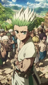 Confident anime leader stands before rugged tribe in mountain valley