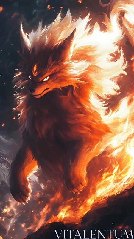 Fiery quadruped creature amid flowing flames and embers.