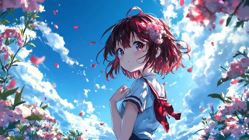 Anime schoolgirl pauses under spring blossoms and bright sky
