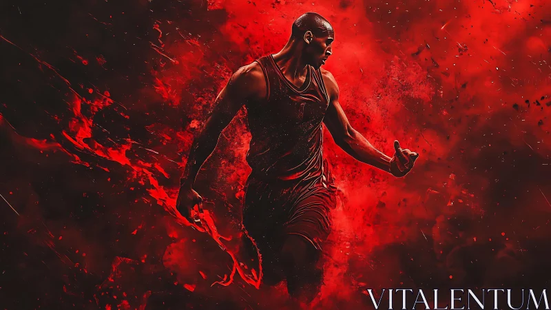 Basketball player in dynamic red abstract digital motion.