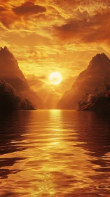 Sun descends between mountains over reflective golden water