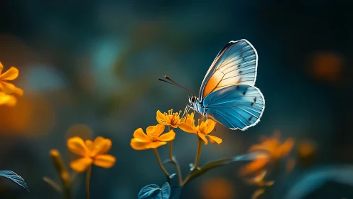 Photorealistic macro of blue butterfly on golden blooms.