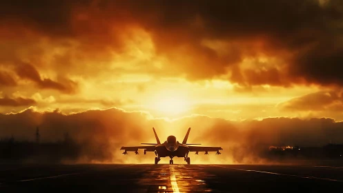 Jet fighter silhouette on runway under dense sunset sky.