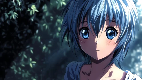 Blue haired anime character under dappled forest light.