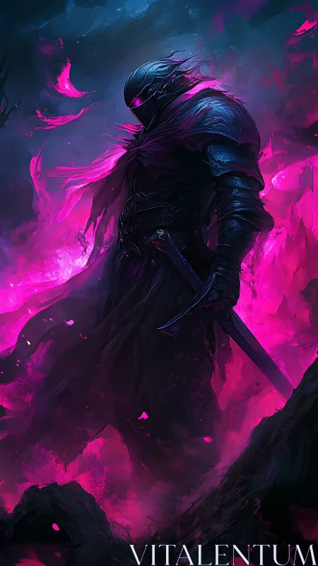 Voidblade knight strides through neon embers of ruin.