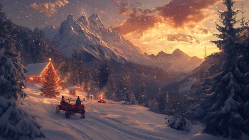 Golden hour illuminates snowbound chalet and festive sleigh ride