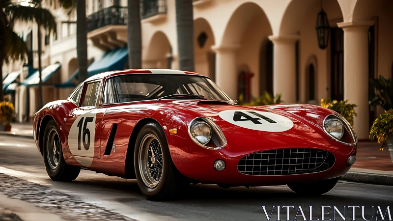 Vintage red race car gleams along a sunlit city street.