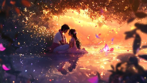 Luminous Romance: Golden Hour Embrace in Ethereal Waterscape.