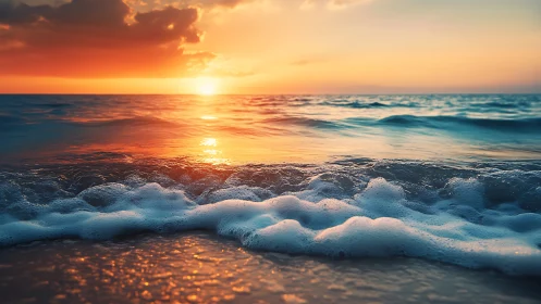 Sunlit shoreline waves with golden hour ocean reflections.