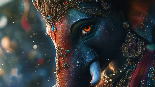 Divine elephant profile with jeweled headdress and bokeh glow.