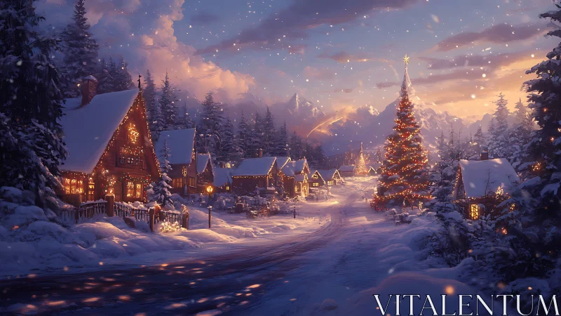 Snowy village glow beneath a towering Christmas tree.