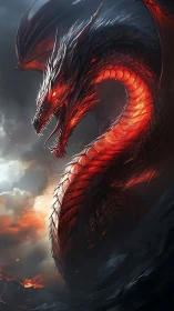 Infernal serpent dragon coiled in stormlit volcanic skies.