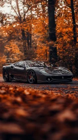 Sleek black sports car gliding through a cozy autumn forest.