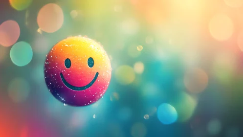 Smiley face sphere floats against colorful bokeh background