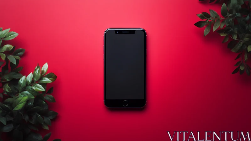 Black Smartphone Centered on Vibrant Pink Background with Botanical Accents