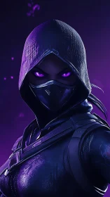 Hooded cyber assassin glares with glowing violet eyes.