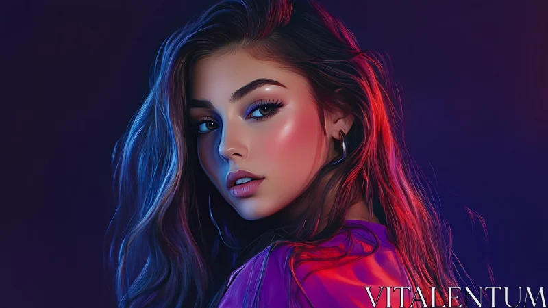 Female portrait under blue and magenta rim lighting.