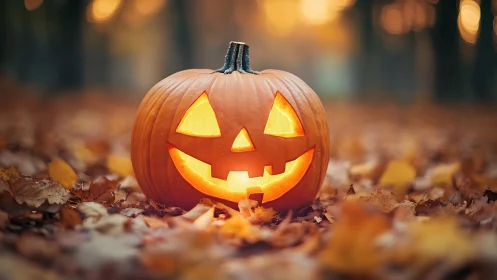 Jack o’lantern grins wide while autumn forest quietly glows
