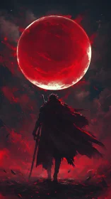 Digital painting of lone swordsman beneath apocalyptic red moon.