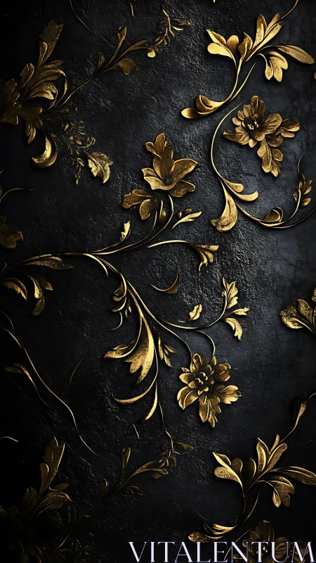 Gold floral relief scrollwork over dark textured stone