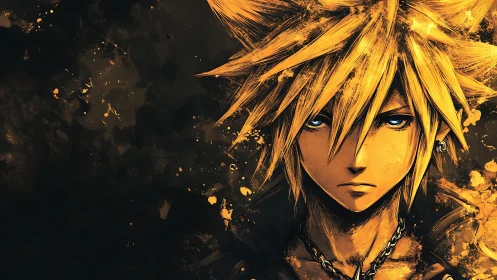 Spiky blonde anime hero portrait with blue eyes on dark splatter
