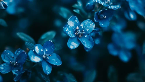 Blue flowers with water droplets in sharp focus detail.