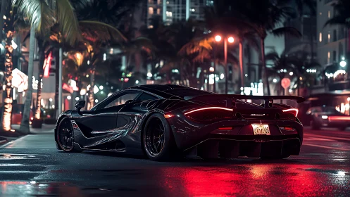 Supercar stands on wet city street under neon night lights