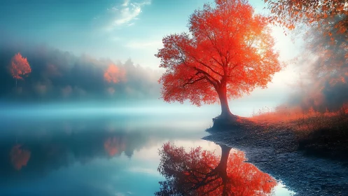 Crimson dreamtree leaning over mist-silvered lakeshore.