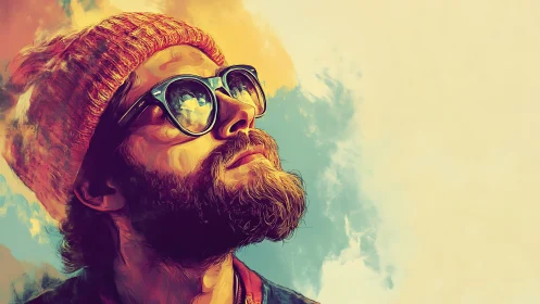 Stylized bearded man in reflective glasses rendered as digital portrait