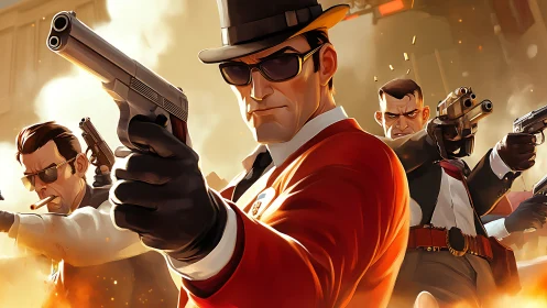 Gangster trio aiming pistols in stylized urban shootout.