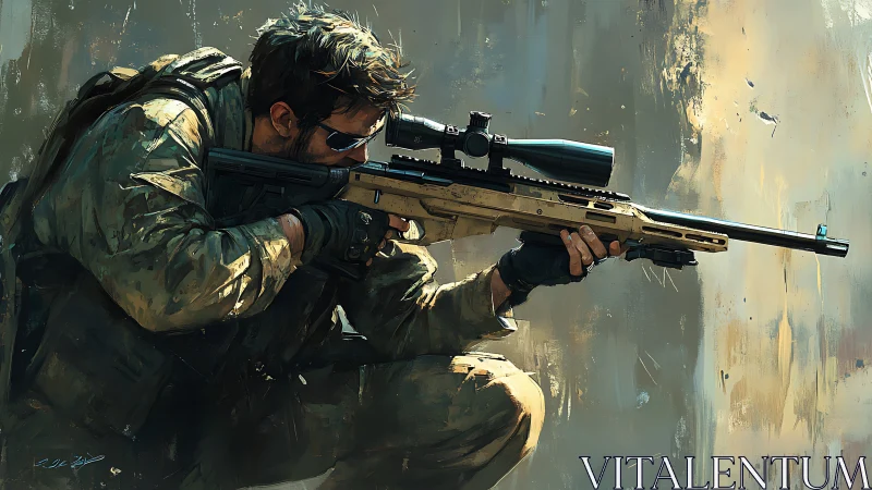 Tactical Sniper in Camouflage with Scoped Rifle