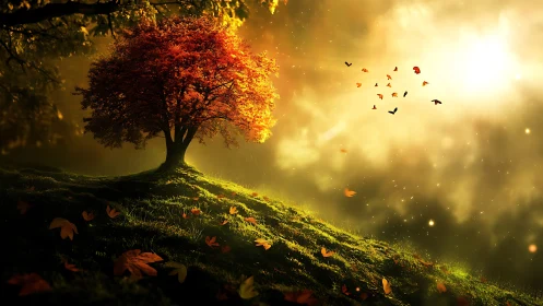 Lone red tree on sunlit hill with drifting autumn leaves.