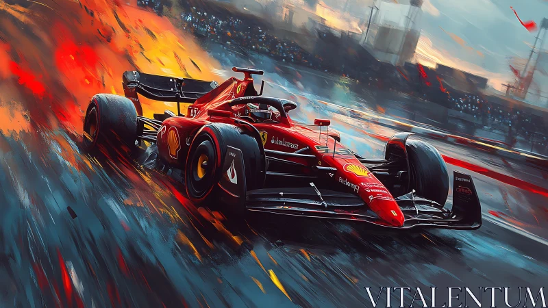 Scarlet race beast carving fire through storm-soaked asphalt.