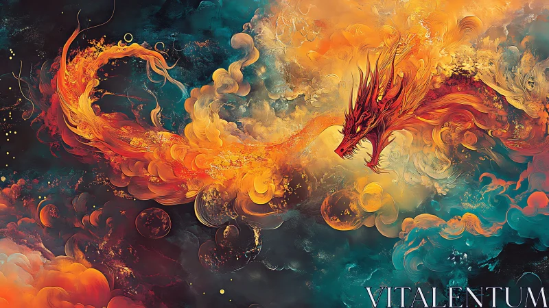 Fiery dragon form emerging within swirling colored clouds.